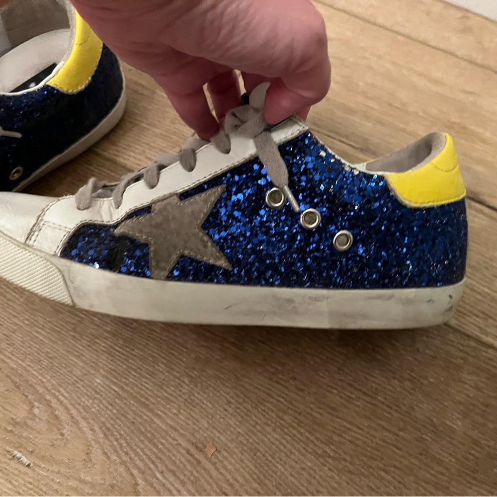 Golden Goose White and Blue Glitter Sneakers